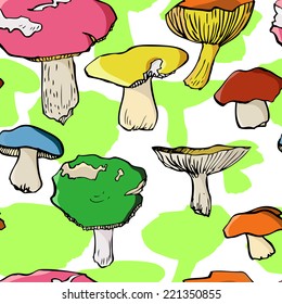 vector seamless pattern with drawing mushrooms, vintage  illustration