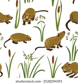 vector seamless pattern with drawing nutria, coypu and bulrush, cartoon animals and river plants at white background, hand drawn illustration