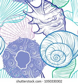 vector seamless pattern with drawing sea shells, hand drawn illustration, ocean background