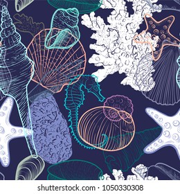 vector seamless pattern with drawing sea shells, hand drawn illustration, ocean background