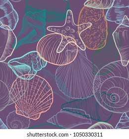 vector seamless pattern with drawing sea shells, hand drawn illustration, ocean background