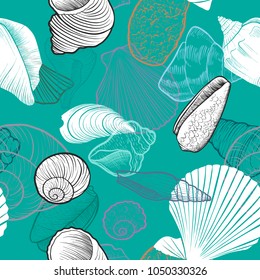 vector seamless pattern with drawing sea shells, hand drawn illustration, ocean background