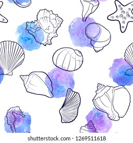 vector seamless pattern with drawing sea shells and blue paint stains, hand drawn illustration, ocean background
