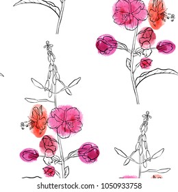 vector seamless pattern with drawing willow herb flower, floral background with watercolor spots, hand drawn illustration
