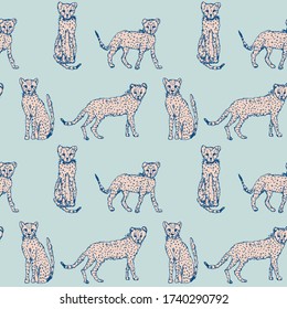 Vector seamless pattern with drawings of cheetahs. 