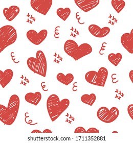 Vector seamless pattern of drawings of handmade hearts on a white isolated background, flat. Romantic background, symbol, wrapping, gifts, holiday, greeting card, decoration