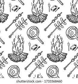 
Patrón vectorial sin fisuras con dibujos sobre el tema del camping. Estilo Doodle. Esbozo textil, fondo, papel envolvente, diseño, embalaje. Eps 8.