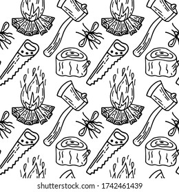 Patrón vectorial sin fisuras con dibujos sobre el tema del camping. Estilo Doodle. Esbozo textil, fondo, papel envolvente, diseño, embalaje. Eps 8.