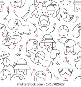 Vector seamless pattern of drawings of women with different hairstyles and colors on the background in a light linear style.