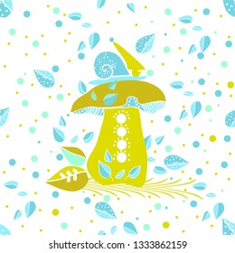 Vector seamless pattern drawn by hand. Decorative image of mushrooms, snails, flowers and leaves. For the manufacture of fabrics for children, covers of notebooks, wrapping paper.