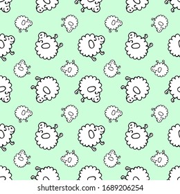 Vector Seamless pattern with drawn contour of cute cartoon lambs, sheeps on a blue background.