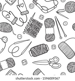 Vector seamless pattern drawn doodle  hand made accessories for knitting, thread, yarn, knitting needles, socks, mittens and caps. Background for textiles, cards, stationery, sites, your work.