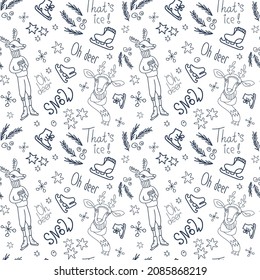 Patrón vectorial sin fisuras con estilo de doodle dibujado lindos renos, palabras, brunches de pino, patines sobre fondo blanco.Diseño festivo para Navidad, fiesta de invierno, papel envolvente, textiles, telas.