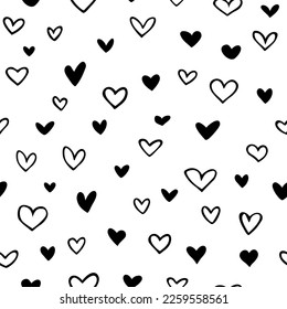 Vector seamless pattern with drawn hearts. Cute design for fabric, wrapping, wallpaper for Valentine's Day.