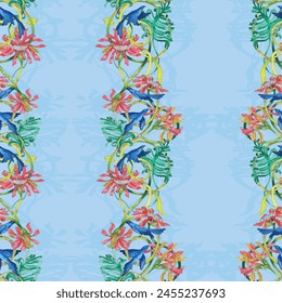 vector, seamless pattern of drawn intertwined branches of blooming flowers and leaves with blue birds on a light blue background.