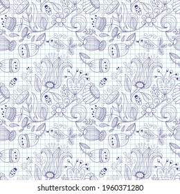 Vector Seamless Pattern Drawn in the Notebok. Summer Background with Flowers and Insects