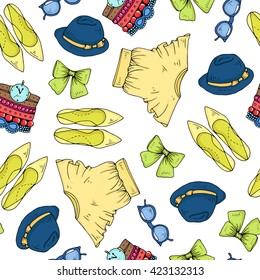Vector seamless pattern drawn set of color spring-summer fashion women clothes. Various objects: shoes, sunglasses, yellow blouse, ribbon, shoes,  bracelets and watches, hat with a bow.