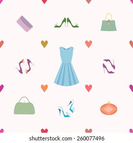 Vector seamless pattern of dress, shoes, handbags in retro style. Ideal for cards, wrapping paper and backgrounds.
