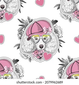 Vector seamless pattern of dressed dog. White poodle with hat and glasses. Print on T-shirts, bags and other fashion products. Design children's clothing and accessories. 