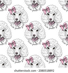 Vector seamless pattern of dressed dog. White poodle with pink bow. Print on T-shirts, bags and other fashion products. Design children's clothing and accessories. 