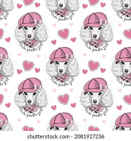 Vector seamless pattern of dressed dog. White poodle with pink hat. Print on T-shirts, bags and other fashion products. Design children's clothing and accessories. 