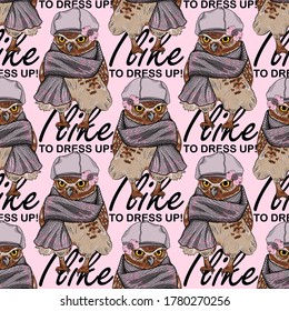 Vector seamless pattern with dressed funny owls. Cool owls with hats and glasses.