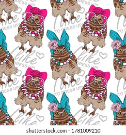 Vector seamless pattern with dressed funny owls. Cool owls with hats and glasses.