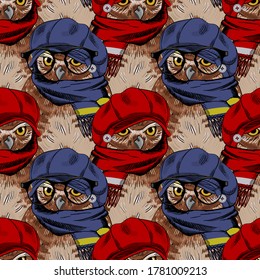 Vector seamless pattern with dressed funny owls. Cool owls with hats and glasses.