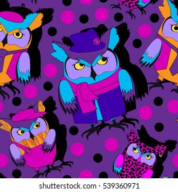 Vector seamless pattern with dressed owls. Owls in a hat.