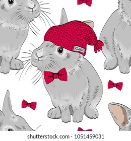 Vector seamless pattern with dressed rabbits. Rabbits with bow and red hats. 