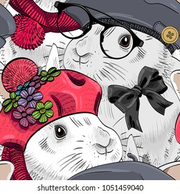 Vector seamless pattern with dressed rabbits. Rabbits with glasses and hats. 