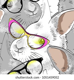 Vector seamless pattern with dressed rabbits. Rabbits with glasses. 