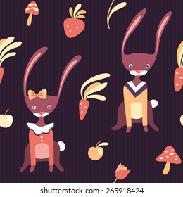 Vector seamless pattern with dressed up rabbits on purple background. Cute boy and girl. Carrot, mushroom, apple, tulip.