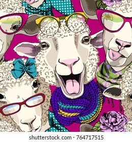 Vector seamless pattern with dressed sheep. Sheep hooligan. 1