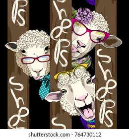 Vector seamless pattern with dressed sheep. Sheep hooligans