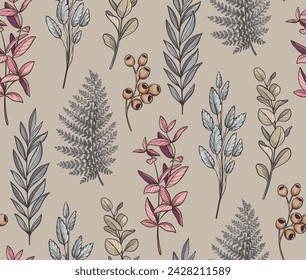 Vector seamless pattern with dried flowers, leaves and branches. Endless floral background.