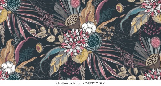 Vector seamless pattern with dried flowers, leaves and branches. Endless floral background.