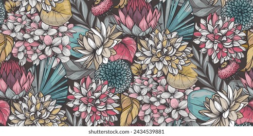 Vector seamless pattern with dried flowers, leaves and branches. Endless floral background.
