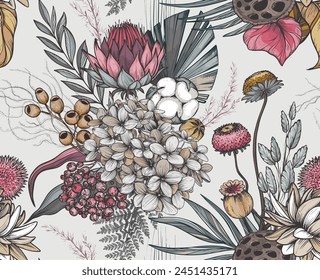 Vector seamless pattern with dried flowers, leaves and branches. Endless floral background.