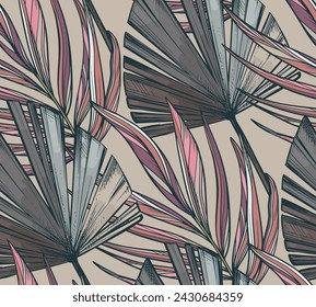 Vector seamless pattern with dried palm leaves. Endless natural background.