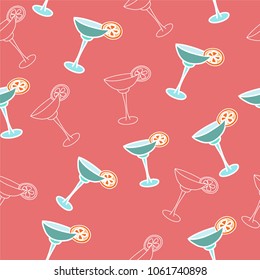 
vector seamless pattern drink with ice alcohol margarita in a glass, cocktails on a red pink background for textile print and restaurant menu