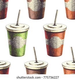 Vector Seamless Pattern With Drink In Paper Cup. Hand Drawn Of Milk Shake. Vintage Fast Food Texture. Coffee To Go