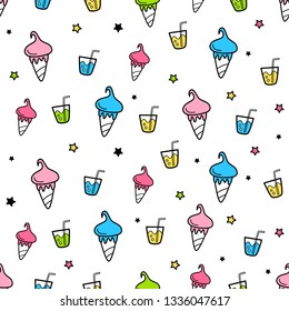 Vector seamless pattern with drinks and ice cream. Cartoon style. eps 10