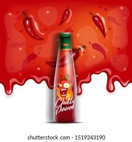 Vector seamless pattern with dripping hot chili sauce. Vector illustration of bottle of chili sauce in realistic style.