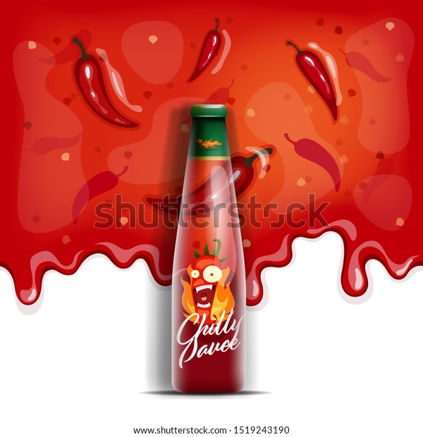Vector\
seamless pattern with dripping hot chili sauce. Vector illustration\
of bottle of chili sauce in realistic\
style.