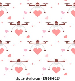 Vector seamless pattern Drone, hearts Valentine's day, wedding, Birthday, Mother's day, Father's day. Romantic background Fast delivery Future transportation concept Design for wrapping, fabric, print