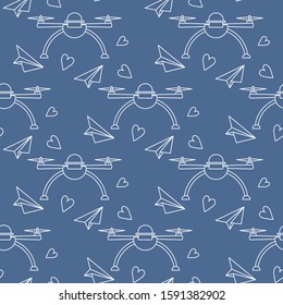 Vector seamless pattern Drone, paper airplane, hearts Valentine's day, wedding, Birthday. Romantic background Fast delivery to customer Future transportation concept Design for wrapping, fabric, print