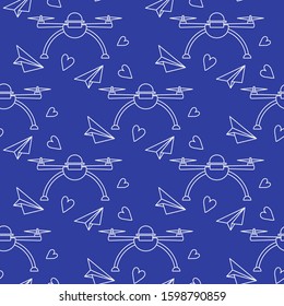 Vector seamless pattern Drone, paper airplane, hearts Valentine's day, wedding, Birthday. Romantic background Fast delivery to customer Future transportation concept Design for wrapping, fabric, print