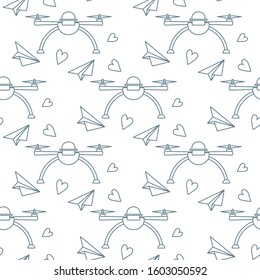 Vector seamless pattern Drone, paper airplane, hearts Valentine's day, wedding, Birthday. Romantic background Fast delivery to customer Future transportation concept Design for wrapping, fabric, print