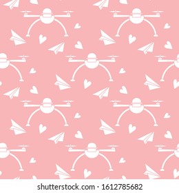 Vector seamless pattern Drone, paper airplane, hearts Valentine's day, wedding, Birthday. Romantic background Fast delivery to customer Future transportation concept Design for wrapping, fabric, print